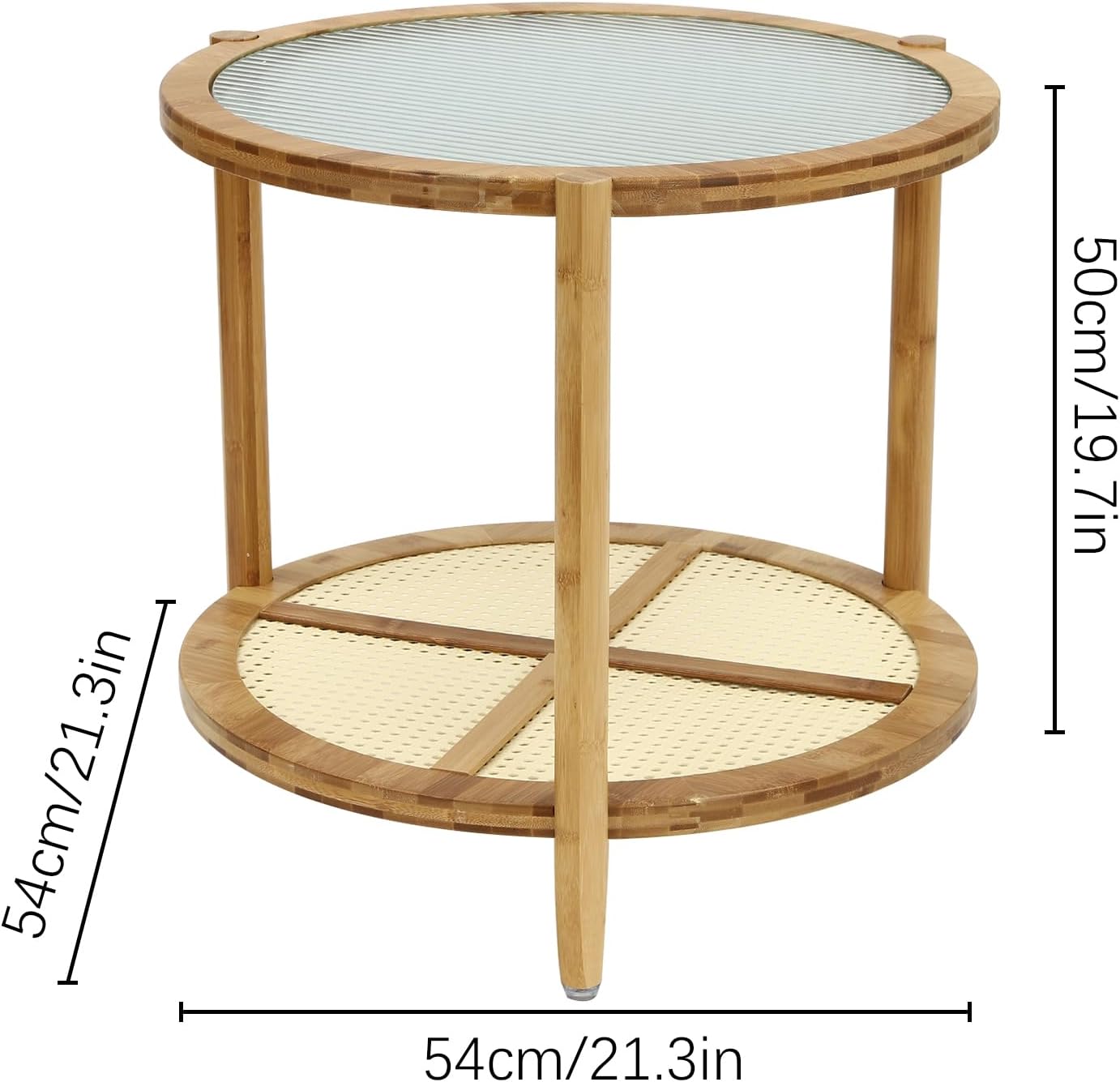 Rattan Coffee Table, Round Glass Center Table, Natural Style Coffee Table with 2-Tier Storage, Sofa End Table for Balcony and Office Outdoor, Indoor, Small Space, 21.2