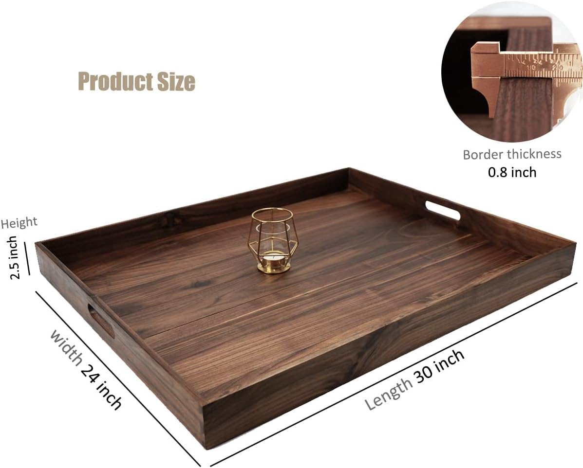MAGIGO 30 x 24 Inches Extra Large Rectangle Black Walnut Wood Ottoman Tray with Handles, Serve Tea, Coffee Classic Wooden Decorative Serving Tray