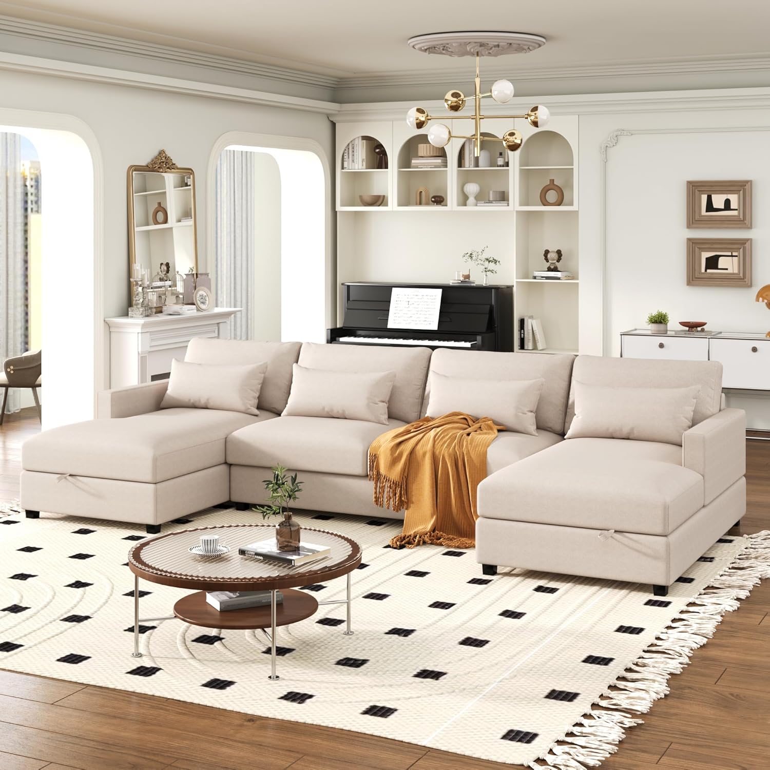 Modern Large U-Shape Sectional Sofa, 2 Large Chaise with Storage Space for Living Room, 4 Lumbar Support Pillows