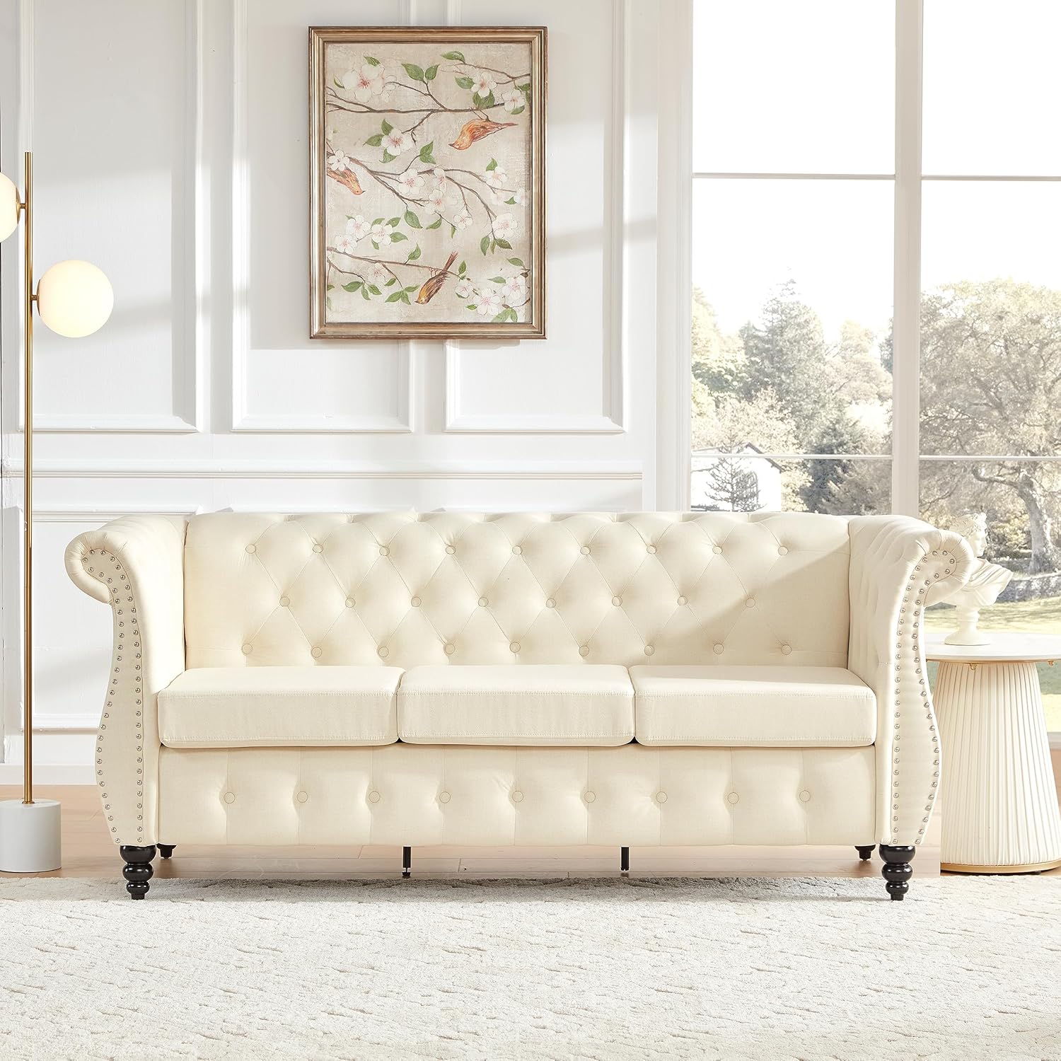 Chesterfield Sofa, Classic Button, Tufted 3, Seater Couch with Rolled Arms & Nailhead Trim Linen Upholstered with Gourd Wooden Legs, Vintage Living Room & Bed, Beige