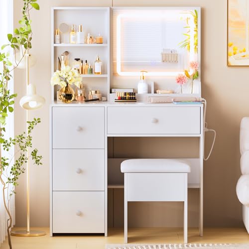 Vanity Desk with Mirror and Lights, Makeup Vanity with 4 Drawers & Cabinet, Small Vanity Table for Bedroom with Power Outlet, LED 3 Lighting Modes (White)