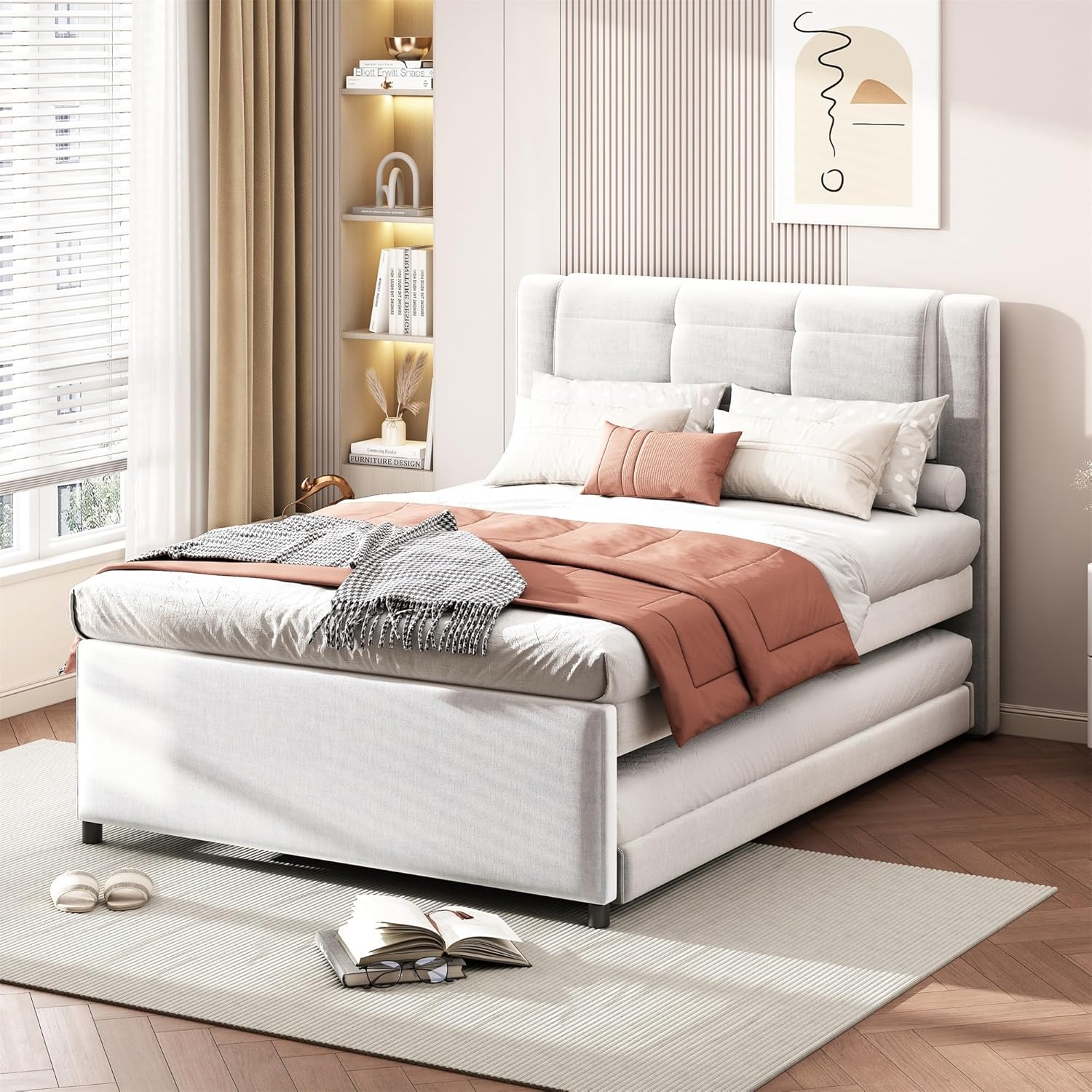 Full Size Bed Frame with Twin Size Trundle Bed, Linen Upholstered Platform Bed with Tufted Headboard, Full Bed Frame with Strong Wooden Slats, Easy Assembly Trundle can be Flat or erected