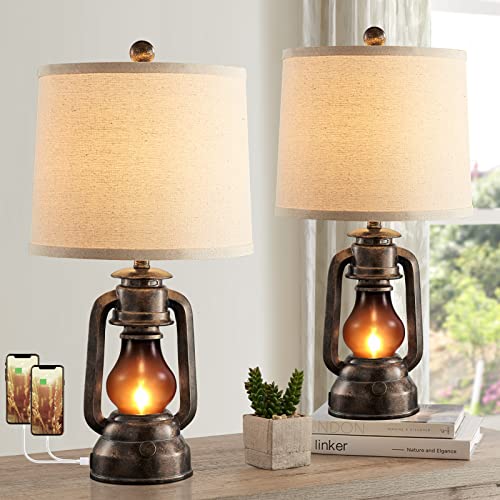 Farmhouse Rustic Table Lamps for Bedroom Set of 2, Vintage Lantern Lamp with Dual USB Charging Ports,25