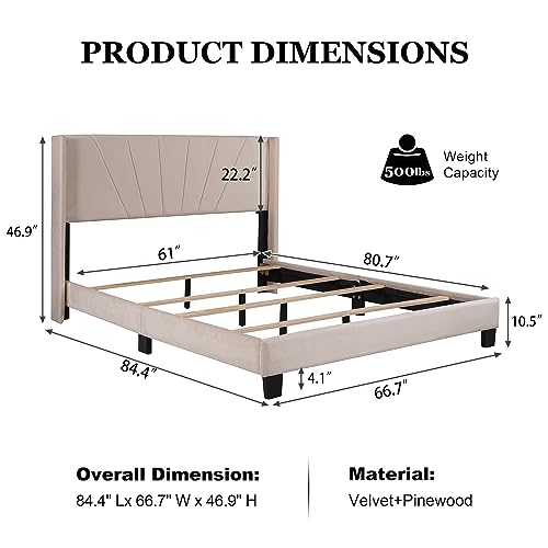 Merax Velvet Upholstered Platform Bed, Platform Bed with Headboard and Strong Wooden Slats, Strong Weight Capacity, Noise-Free and Easy Assembly,Queen Size,Beige