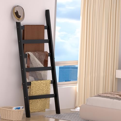 Blanket Ladder, 6 Tier Blanket Holder, 68.9 Inch Tall Blanket Rack, Ladder Shelf Against The Wall, Rustic Bamboo Quilt Rack Stand for Bathroom, Living Room, Bedroom, Balcony, Black