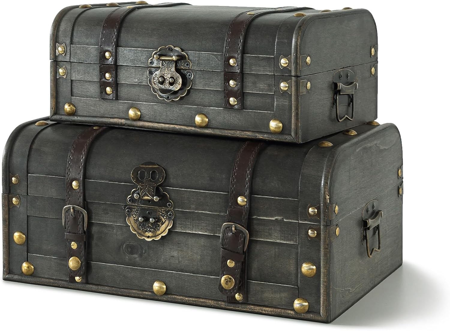 Soul & Lane Explorations Wooden Decorative Storage Boxes - Set of 2, Wood Pirate Chest for Keepsakes and Home Décor, Vintage Suitcase Trunks with Hinged Lids
