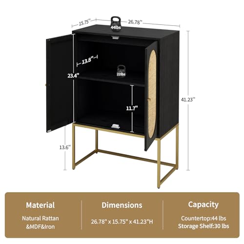 Natural Rattan 2 Door High Cabinet, Sideboard Buffet Cupboard Accent Cabinet with 1 Adjustable Shelves, Wooden Free Standing Cabinet for Living Room Dining Room (Black)