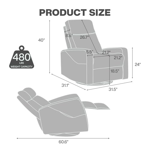 Power Recliner Chair for Adults,360° Swivel Rocker Recliner with USB Ports, Side Pockets,Rocking Chair for Nursery/Living Rooms/Home Theaters/Game Rooms(Faux Leather-Light Gray)