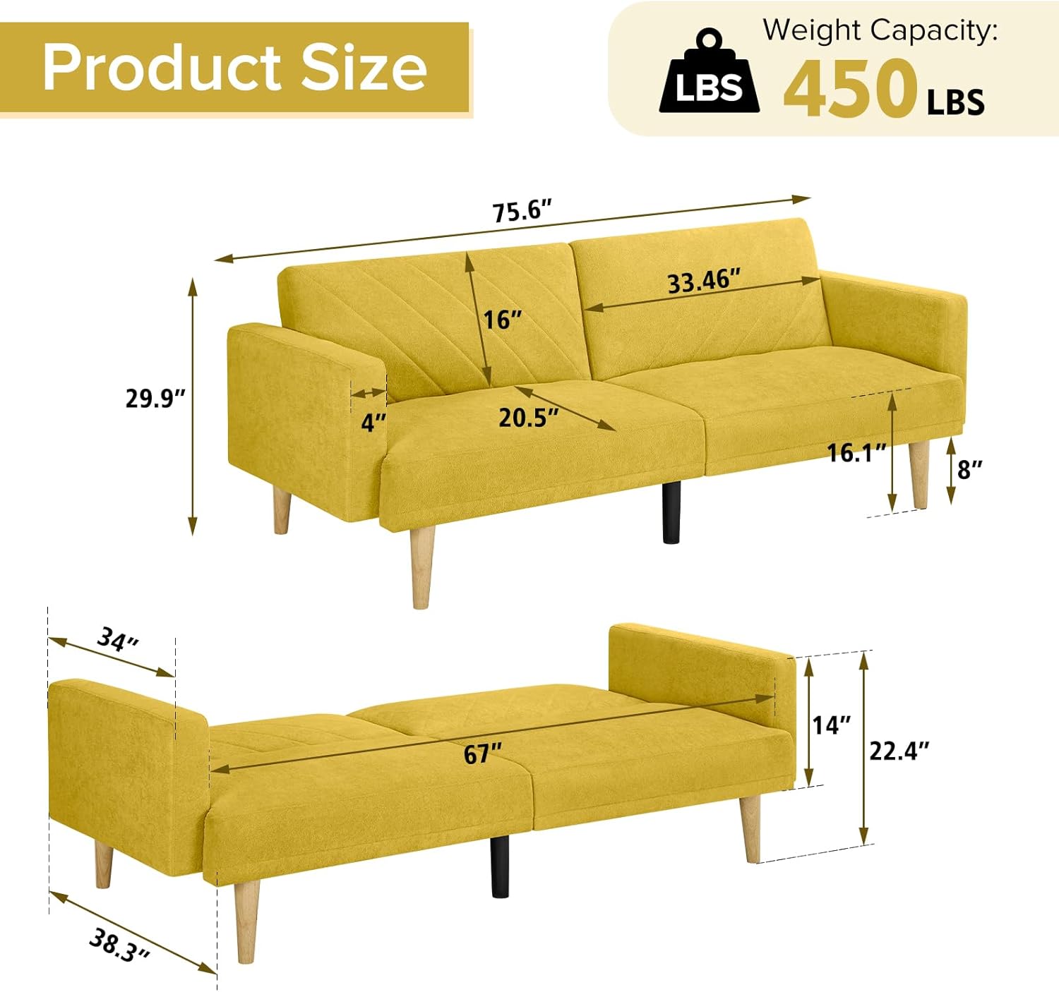 Convertible Futon Sofa Bed, Loveseat Sleeper Sofa Bed, Velvet Fabric Memory Foam Modern Futon Couch, Adjustable Reclining Sofa Bed Small Lounger Sofa for Living Room, Office, Apartment, Yellow