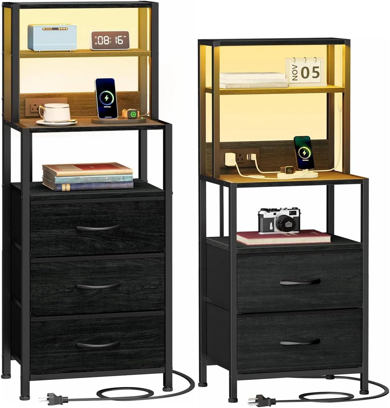 Furnulem Tall Nightstand with Light Tube and Charging Station, Night Stand with 4-Tier Shelves, Sturdy Steel Frame, Wood Top