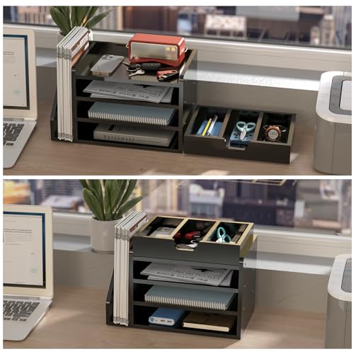 Multi-Tier Wood Desk File Organizer with Side File Rack, 3 Tray Shelves & Adjustable Drawer - Space-Efficient Design Easy to Assemble for Efficient Office Setup, Reduces Desk Clutter (Black)