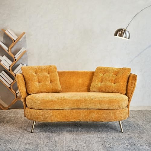 Polyester Fiber Loveseat Sofa Chair Upholstered Couch with Golden Metal Legs Club Two-Seat Sofa for Living Reading Room Bedroom Apartment Small Space Dorm (Yellow)