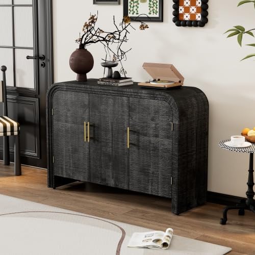 Retro Style Accent Storage Cabinet with Antique Pattern Doors, Wooden Sideboard Corner Arc Design Console Table for Hallway, Entryway, Living Room, Bedroom (Navy Blue-07)