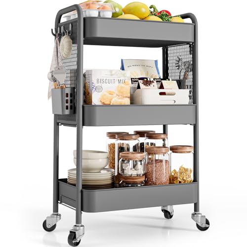 TOOLF Metal Utility Carts, 3 Tier Rolling Carts with Wheels, Storage Organizer with Pegboard Hooks Bins for Bathroom Kitchen Laundry Office, Three Tier Cart for Book Diaper & Art Supplies, Green