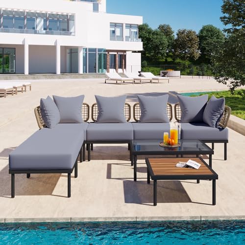 8-Piece Outdoor Conversation Set with Tempered Glass Coffee Table and Wooden Coffee Table, All Weather Patio Sectional Sofa Set with Waterproof Cushions for Patio Porch Garden (Black Steel)