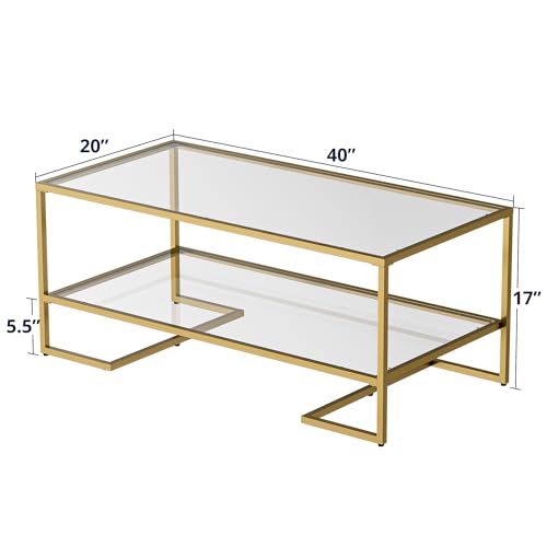 Cozy Castle Gold Coffee Table with Metal Frame, Rectangle Tempered Glass Coffee Table, 2-Tier Center Tea Table with Storage Shelf, Modern Centre Table for Living Room