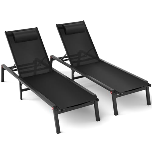 WOAJN Aluminum Patio Chaise Lounge Chair Set of 2,5-Position Adjustable Backrest,Foldable Lounge Chair Outdoor,Pool Lounge Chairs for Poolside,Lawn,Deck,Beach,Black