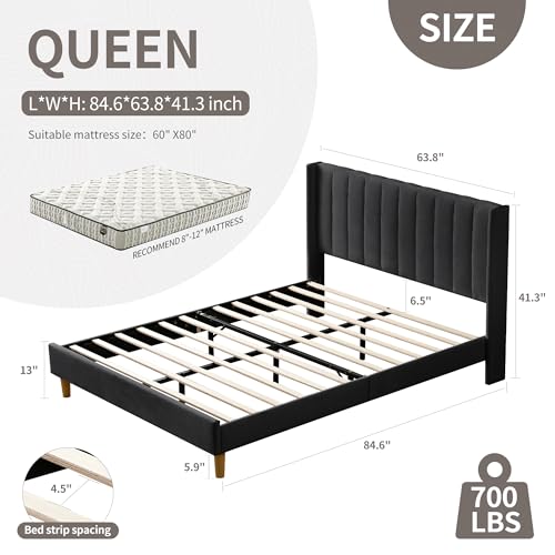 YUHUASHI upholstered platform bed frame/twin bed frame/modern geometric double-wing design headboard/flannel and linen fabric/easy to assemble no noise (INK GREEN, Queen (U.S. Standard))