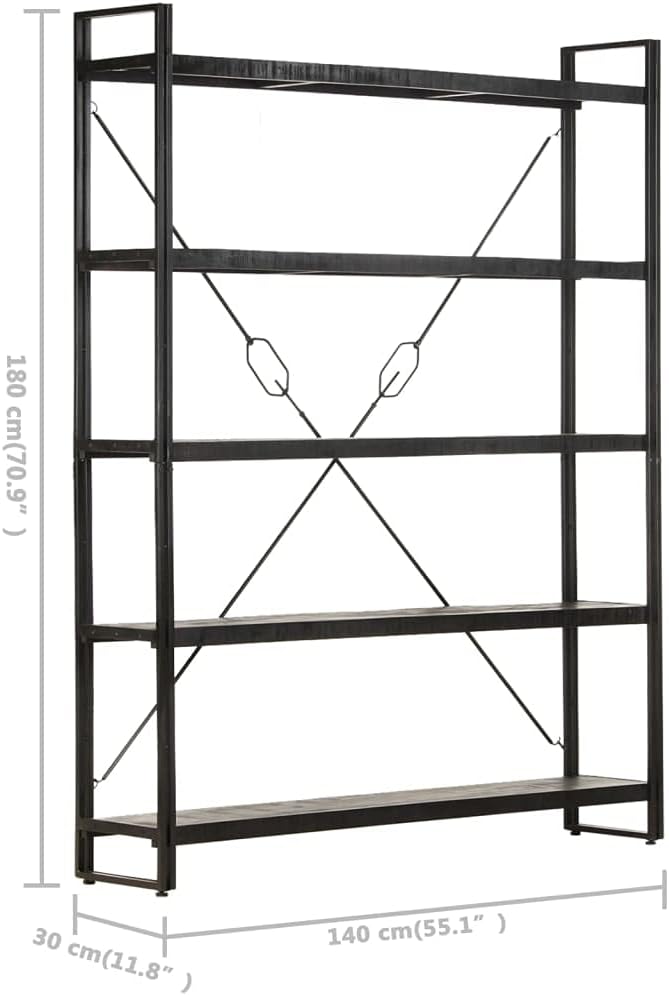 vidaXL Industrial-Style 5-Tier Bookcase, Solid Mango Wood with Black Stain Finish, Powder-Coated Steel Frame - 55.1