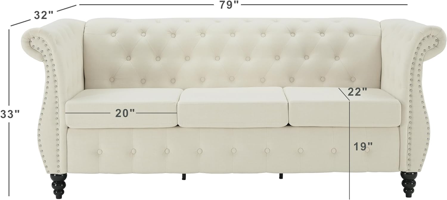 Chesterfield Sofa, Classic Button, Tufted 3, Seater Couch with Rolled Arms & Nailhead Trim Linen Upholstered with Gourd Wooden Legs, Vintage Living Room & Bed, Beige