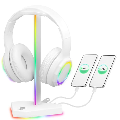RGB Headphone Stand with 2 USB-C Charging Port and 1 USB Charging Port, Desk Gaming Headset Holder with 7 Light Modes and Non-Slip Rubber Base Suitable for All Earphone Accessories (White)