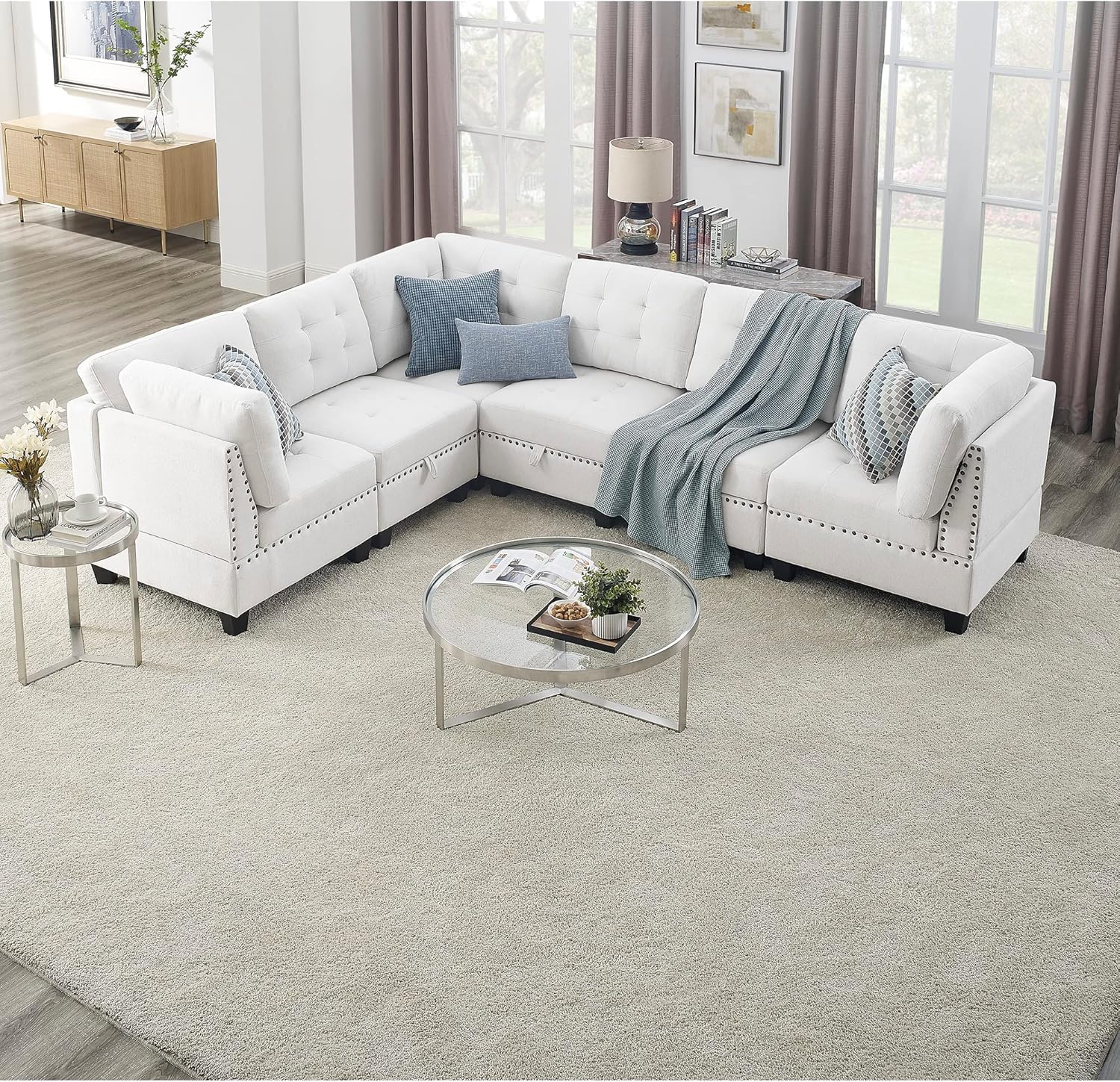 NicBex Contemporary L-Shape Modular Sectional Sofa Fashion Living Room Furniture Sets Include 3 Single Chair and 3 Corner Sleeper Sofa Comfy Couches for Living Room, Bedroom, Ivory