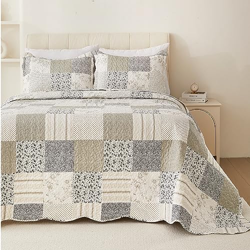 Summer Floral King Bedspread,Romantic Grey Quilt Set King,Reversible Stitched Bedding Set All Season,Soft Lightweight Coverlet with Pillow Cases (Dark Grey, King102 x90)