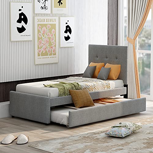 Merax Linen Upholstered Platform Bed with Headboard Solid Wood Bedframes for Kids & Teen & Adult, No Box Spring Needed, Easy Assembly, Twin with 2 Drawers, Gray