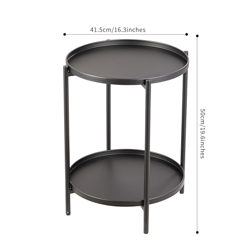 2 Tier Round Side Table, Marble End Tables Coffee Table Simplistic Sofa Table Waterproof Removable Tray Table Indoor Outdoor Accent Table for Living Room Bedroom (Faux Marble Black, 2pcs)