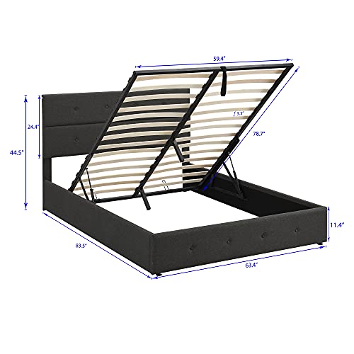 Merax Queen Size Upholstered Platform Bed with Underneath Storage, Button-Tufted Headboard and Footboard, No Box Spring Required Wood Bed Frame with Bentwood Slats, Grey