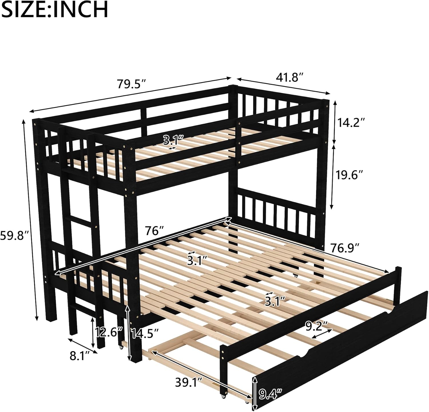 Twin Over Twin/King Pull-Out Bunk Bed with Trundle, Extendable Bunk Beds for Kids, Teens, Adults, Espresso
