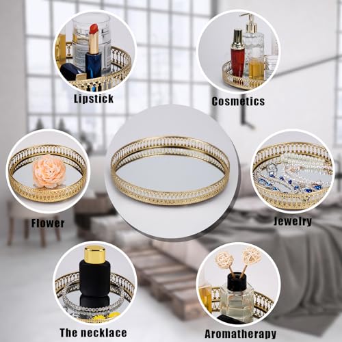 Gold Mirrored Vanity Tray for Bathroom Counter,Metal Decorative Jewelry Storage Tray Cosmetic Perfume Organizer for Dresser,Bedroom,Home Decor,Suit for Candle Holder,Coffee Table Centerpiece,S