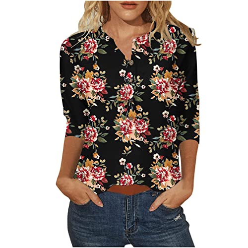 Womens Summer Tops 3/4 Sleeve Loose Fit Button down Tshirt Trendy Print Shirts Three Quarter Length Sleeve Blouse