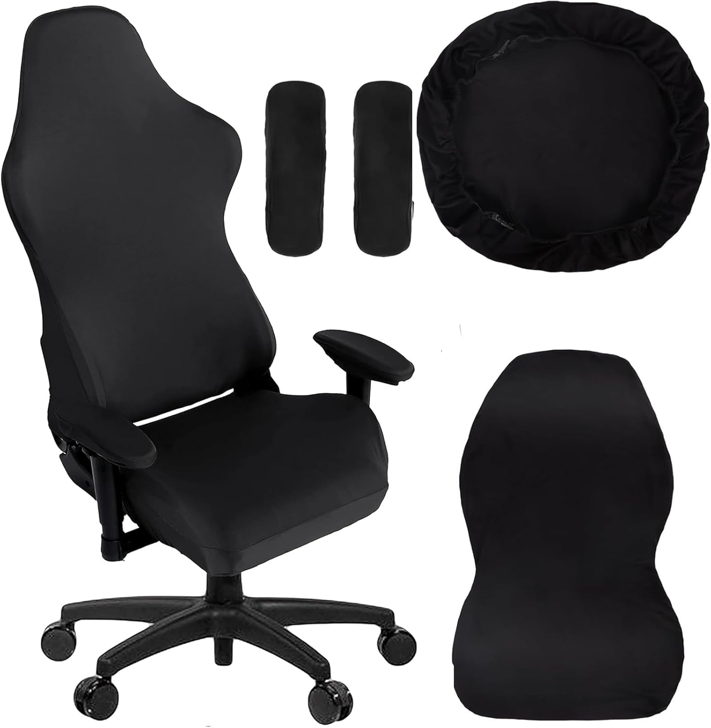 Gaming Chair Cover, Ergonomic Office Computer Game Chair Slipcovers, Stretchy Polyester Covers, 4pc/Set with Armrest Covers/Back Covers/Seat Cover for Reclining Racing Gaming Chair Black