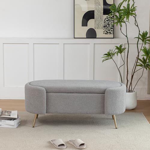Boucle Storage Bench for Bedroom, Upholstered Ottoman Bench with Oval Metal feet, Modern Storage Bench for End of Bed, Entryway, Livingroom, Ivory