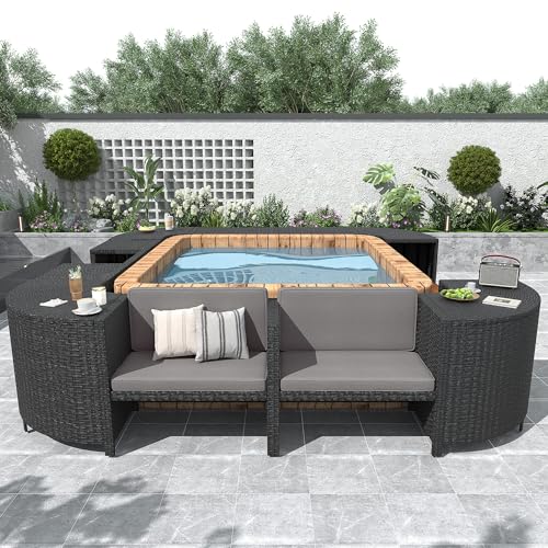Versatile Spa Surround Patio Rattan Sectional Sofa Set with Removable Cushions,Wooden Seats,Built-in Storage,Weather-resistant for Poolside,Garden, Backyard - Suitable for 74” Portable Spa (Grey)
