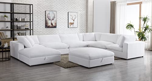 Roundhill Furniture Rivas Contemporary Feather Fill 8-Piece Modular Sectional Sofa with Two Ottomans, White