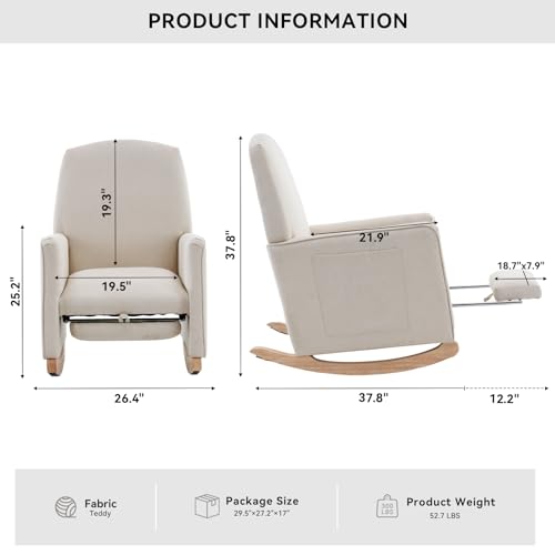 Rocking Chair, Nursery Chair with Adjustable Footrest and High Backrest, Glider Chair for Nursery with Side Pockets,Upholstered Rocking Chair Indoor for Living Room,Cotton Linen Beige