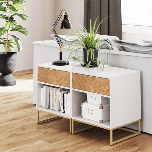 Nathan James Kensi Nightstand Side Accent or End Table with Storage, White/Gold - Set of 2