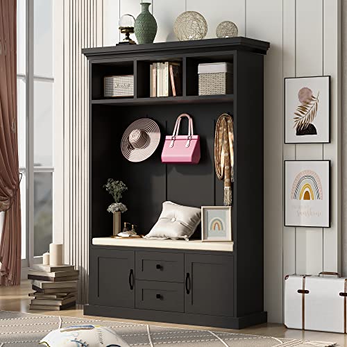 Merax Hall Tree with 4 Hooks and Hinged Lid, Coat Hanger, Entryway Bench, Storage Bench, 3-in-1 Design, for Entrance, Hallway (White, with Drawers)