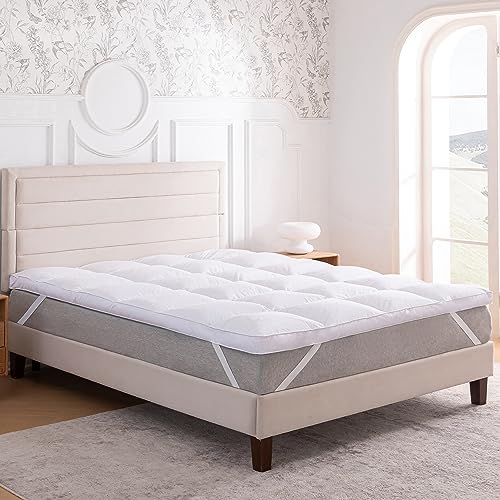 3 Inch White Goose Feather Mattress Topper,King Feather Bed Topper,Mattress Cover with Straps,Ultra Soft Pillowtop,100% Organic Cotton Fabric(78”x80”)