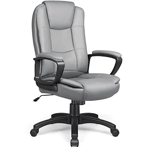 LEMBERI Office Desk Chair, Big and Tall Managerial Executive Chair, High Back Computer Chair, Ergonomic Adjustable Height PU Leather Chairs with Cushions Armrest for Long Time Sitting (Grey)