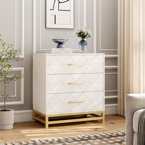 GAOMON 3 Drawer Dresser for Bedroom, Modern Wood Dressers Chest of Drawers with Storage, Wide Drawers Tall Nightstand Metal Handles, Wood Dressers, Pink
