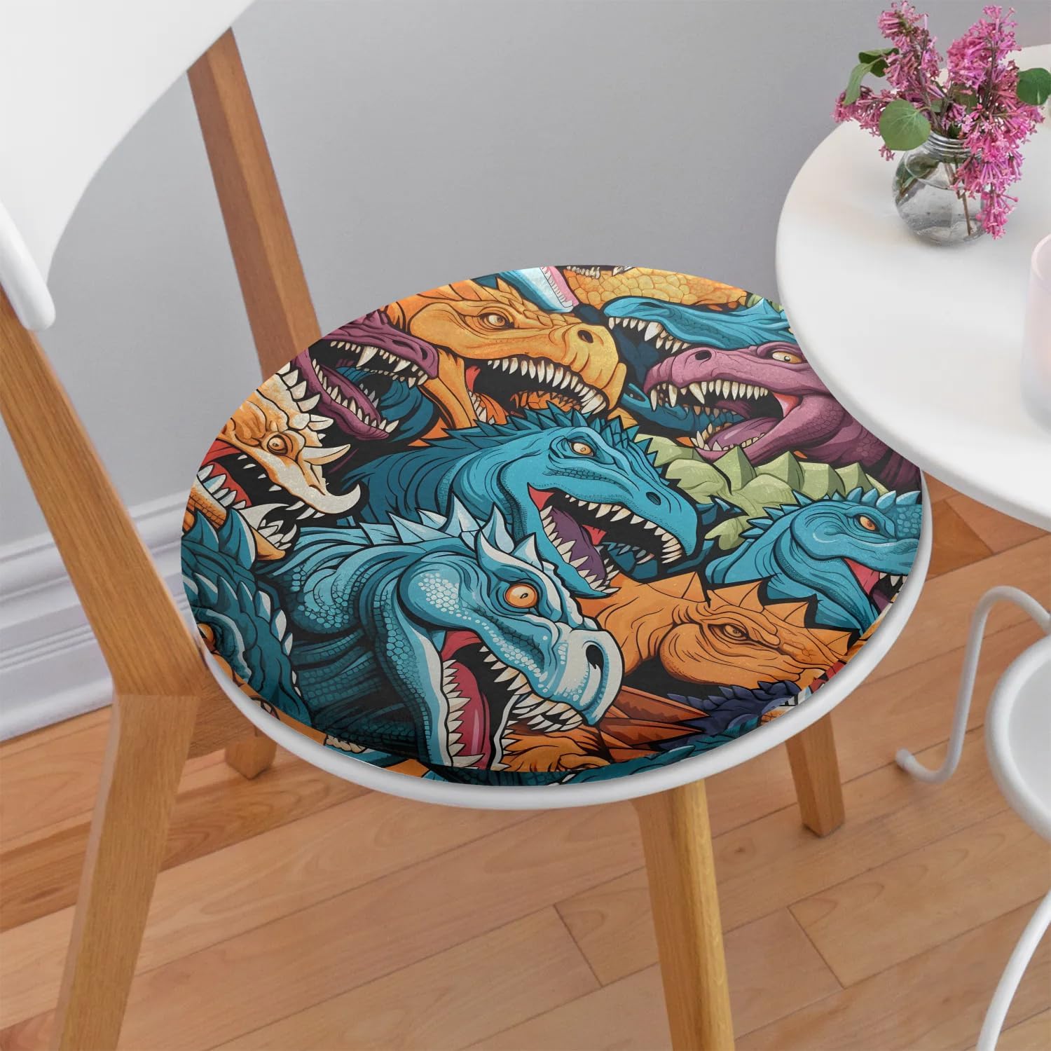 Round Chair Cushions for Dining Chairs, Colorful Dinosaurs Chair Pads for Kitchen Chairs, Non Skid Memory Foam Seat Cushions for Office Chair, Car Seat, Outdoor, Patio(14.5 Inches)