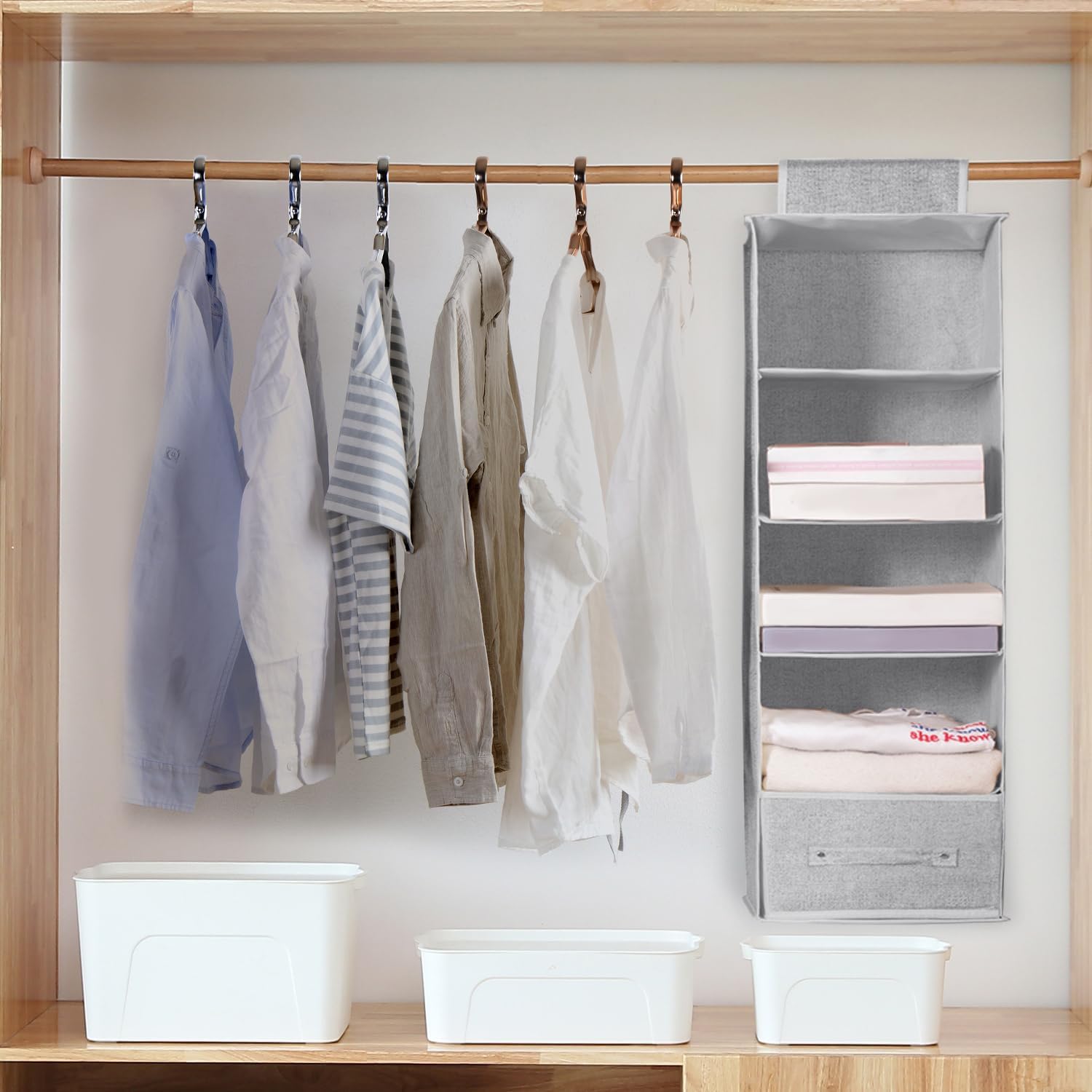 5 Tiers Hanging Shelf Closet Organizer and Storage with Dividers, Haning Storage with 2 Removable Drawers, Collapsible Closet and Storage Organization for Clothes Bags Dorms Rooms