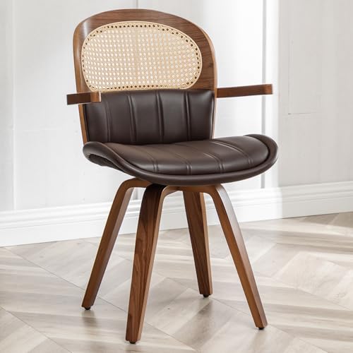 Leather Dining Chairs Set of 2,Rattan Dining Chairs,Swivel Dining Chairs with Arms and Wood Legs,Beige