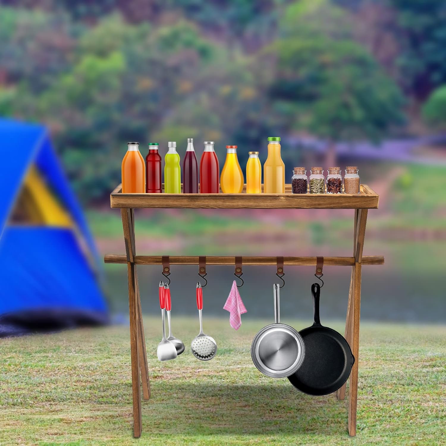 Wooden Portable Picnic Table Lightweight Wine Picnic Tables Original Wood Color Picnic Rack Beechwood Shelf for Storage Outdoor Kitchen RV for Picnic BBQ Home Storage