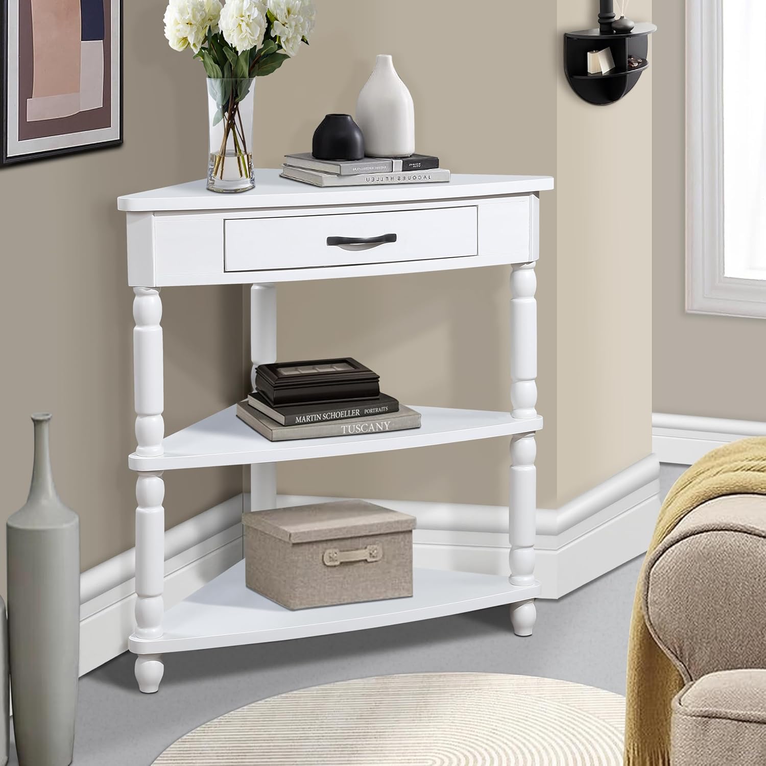 White Corner Table Accent Cabinet: Small End Table with Shelves Drawer