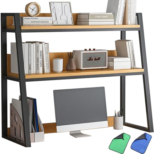 Desktop Bookshelf Desk Organizer Shelf 3-Tier Metal Structured Wood Panels Desk Hutch Bookcase Display Rack Storage for Computer Monitor for Dorm Office Home,30x13x35