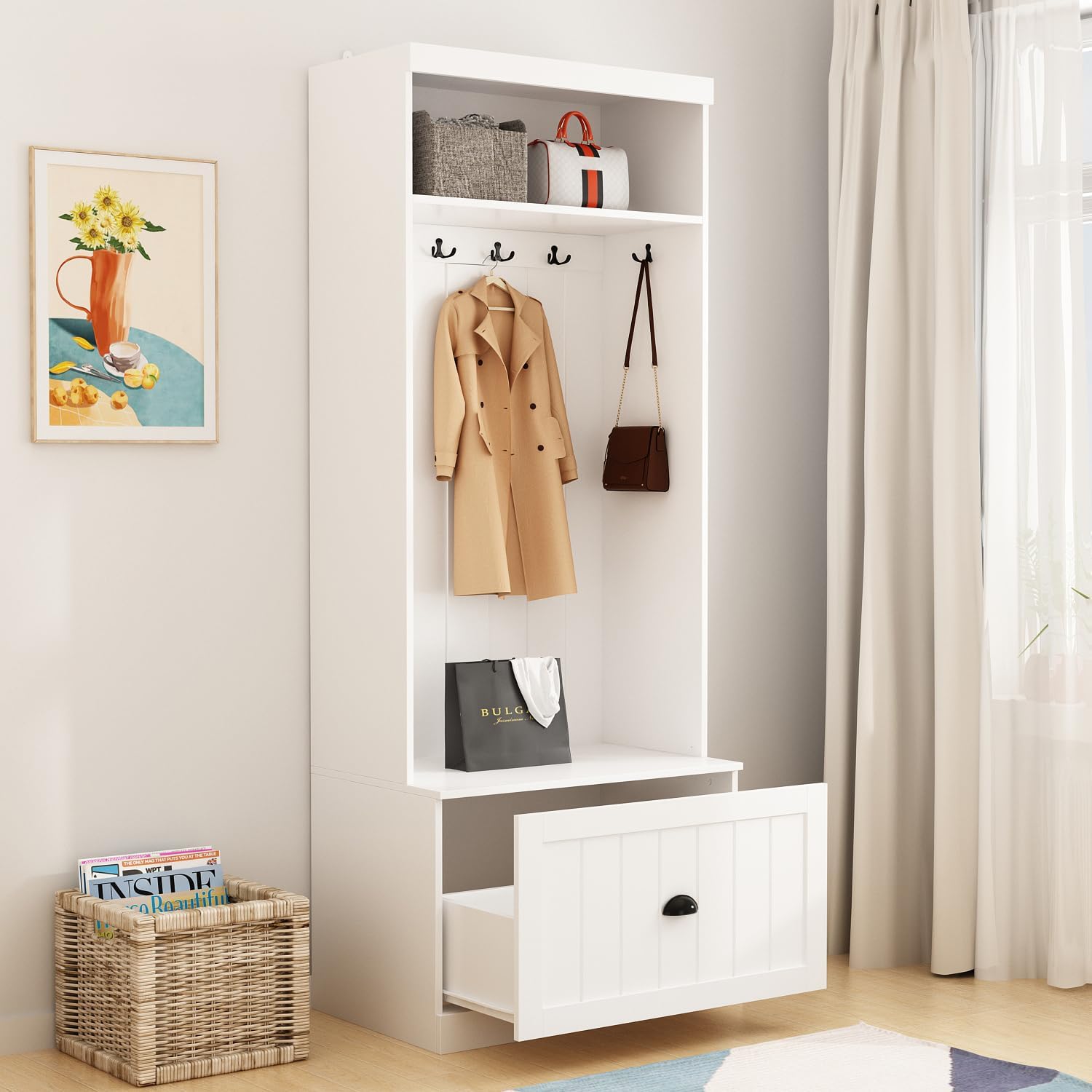 ECACAD Hall Tree with Storage Bench, 3-in-1 Entryway Bench with Coat Rack, Wooden Hall Tree with 4 Metal Double Hooks, Shelves & Drawer for Hallway, Living Room, White (27.7”W x 17.7”D x 70.9”H)